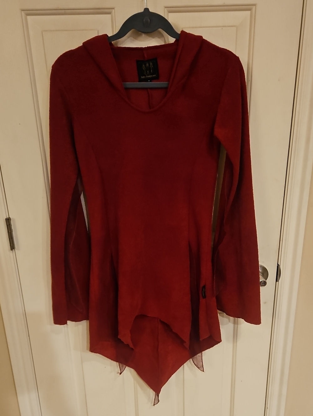 Luna Design Whimsigoth Fairy Pixie Hooded Tunic Dress Asymmetrical Hanky Hem Red